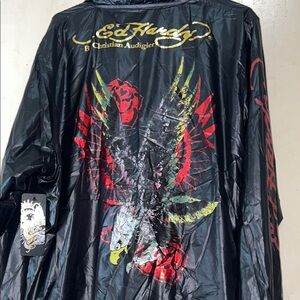 Ed Hardy Men's Black Jacket with Vibrant Red and Yellow Design